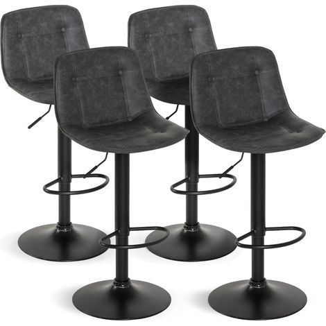 Idmarket – Lot de 4 tabourets de bar ajustables gris vintage – Hauteur d'assise 83 à 104 cm – Pied en métal noir – Revêtement polyester capitonné