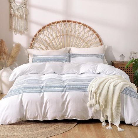 Parure de lit moderne 135 x 200 cm en microfibre blanche avec housse de couette à rayures extra douillette respirante pour chambre à coucher avec fermeture éclair et taie d'oreiller 80 (1/5)