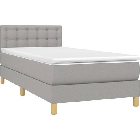 Estructura de cama LED con somier de láminas, cabecero, colchón 90x190cm, tela gris claro TDL0209468