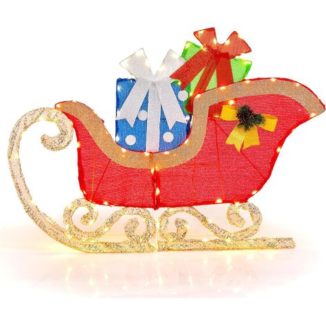 COSTWAY Trineo de Papá Noel, Trineo de Navidad Iluminado con 94 Luces LED Cálidas Preiluminadas y Estacas, Decoración Navideña 123 x 26 x 85 cm (1/5)