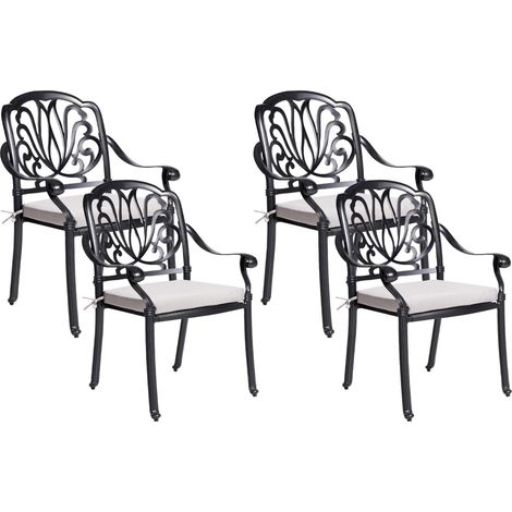 Conjunto de 4 sillas de jardín negras aluminio con cojines estilo vintage Ancona