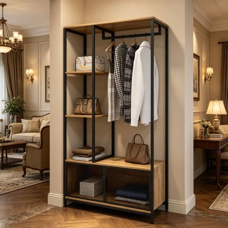 MEUBLIV Portant à vêtements ouvert 90x40x167 cm noir et chêne clair avec étagères (1/5)