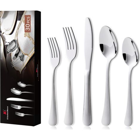 Set Couverts de Table, couverts inox 30 Pièces pour 6 Personnes, Poli Miroir, Antirouille et Compatible Lave-Vaisselle, pour la Maison, le Pique-Nique et le Barbecue (1/5)
