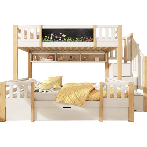 Lit superposé 3 places 90x200 et 140x200 cm Lit mezzanine cabane enfant bois massif avec tableau craie, escalier rangement, 1 tiroirs, Natural (1/5)