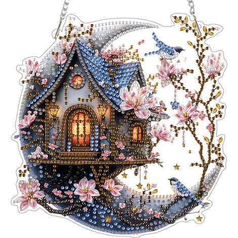 5D Diamond Painting Anhänger Haus auf dem Mond, Fensterbild DIY Set für Kinder & Erwachsene (1/4)