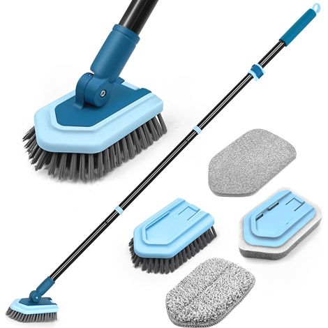 1 Brosse Nettoyage 4 En 1, Manche Télescopique 106-130 Cm, Tête Pivotante 180 Degrés, Pour Salle De Bain