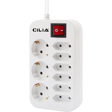 Multiprise CILIA 9 en 1 (3 prises Schuko + 6 prises européennes) avec interrupteur lumineux, sécurité enfant, puissance maximale de 3 680 W, câble de 1,5 m, format compact pour la maison ou le bureau, (1/4)