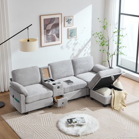 Sofa 266/136/82 cm in Hellgrau mit Schiebekonsole, USB-C und Stauraumhocker (1/5)