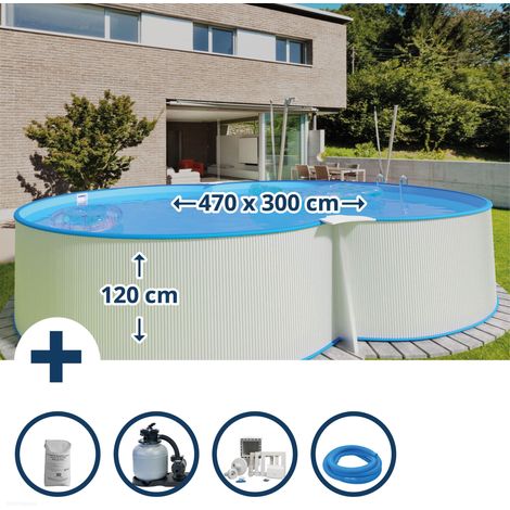 Stahlwandpool Set (6-teil) hoch achtform Montevideo 470x300x120cm, Stahl 0,4mm weiß Folie 0,4mm blau (1/5)