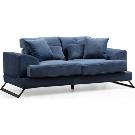 Canapé 2 places velours bleu avec têtières relevables et pieds metal noir Briko 185cm (1/5)