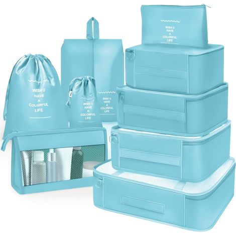 Organisateur Valise, 9 Rangement Valise Set,Pochette Rangement pour Voyage Accessoires,Pochette de Rangement pour Voyage Avion(Bleu) (1/5)
