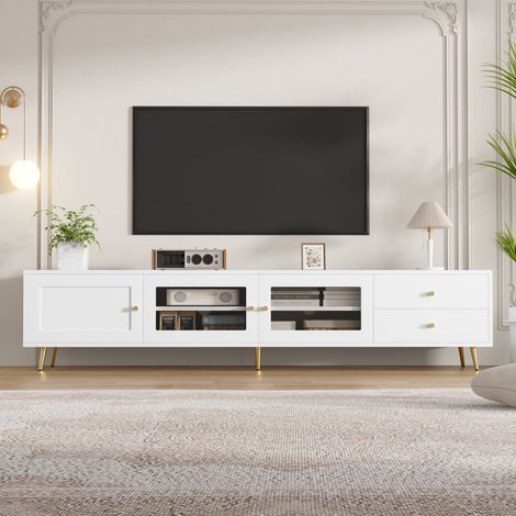 Meuble TV Blanc Moderne 170cm - Banc TV de Salon avec 2 Portes en Verre, 1 Porte Pleine et 2 Tiroirs - Buffet Bas Multimédia avec Étagères Réglables (1/5)