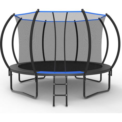 Trampolino rotondo CHICFURN 366 cm in acciaio nero e blu con rete e scala da giardino (1/5)
