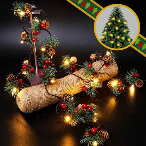 Baie Noël Houx Guirlande,LED Lumières de Noël Pommes de Pin,Rideau Lumineux LED,Noel Rideau Lumière,Guirlande Lumineuse LED Noël,Décoration Fenêtre Lumineux