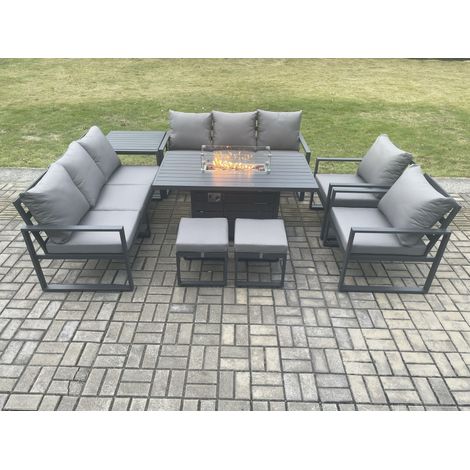 Fimous Aluminium Outdoor Garden Furniture Set Patio Lounge Sofa Gas Fire Pit Dining Table Set with 2 Small Footstools Side Table Dark Grey (1/5)