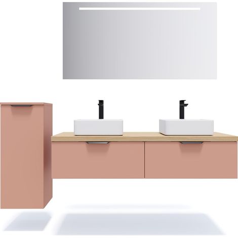 Meuble de salle de bain suspendu 2 vasques à poser 140cm 2 tiroirs Abricot + miroir + colonne ouverture gauche - Soho (1/5)