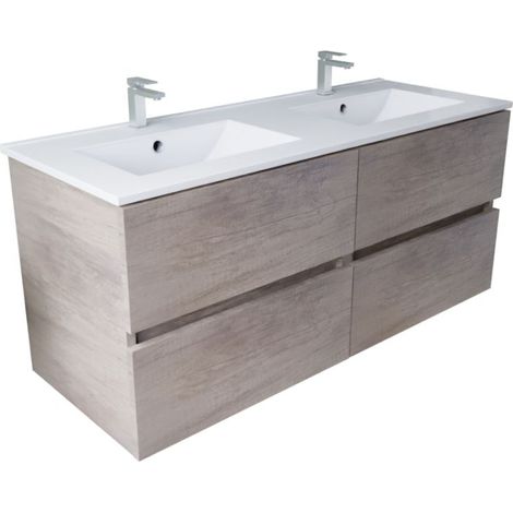 Meuble double vasque 120 cm ROSALY INOX- Bois- Plan vasque en Céramique