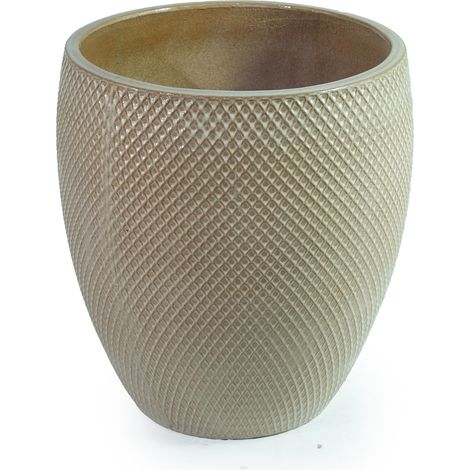 Maceta de cerámica extragrande Ø46 cm x 53 cm beige brillante con relieve rombos (1/5)