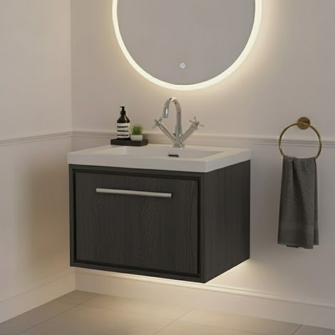 Hudson Reed Lille Wall Hung 1-Drawer Vanity Unit with 1TH Contemporary Basin 600mm Wide - Graphite Grey Woodgrain (1/5)