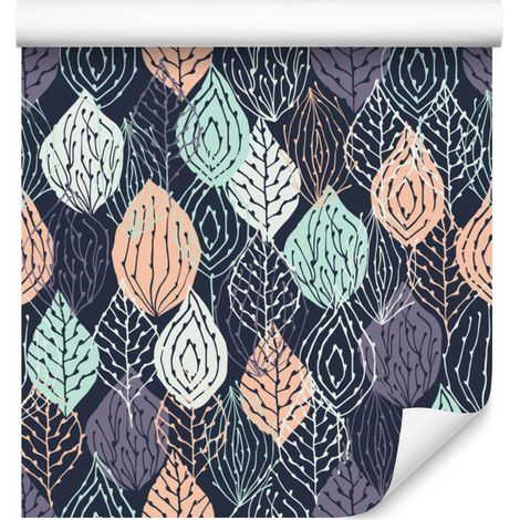 Papel pintado con hojas coloridas y motivos naturales para salón y dormitorio, 50x1000 cm. (1/5)
