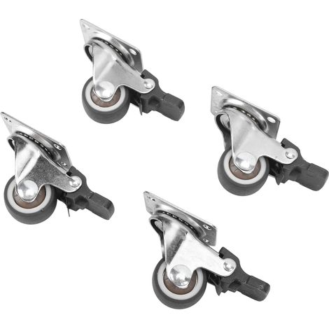 Petites roulettes pivotantes en acier (2,5 cm de diamètre) avec revêtement en caoutchouc, pivotantes, verrouillables, avec plaque de frein et 16 vis pour meubles (1/5)