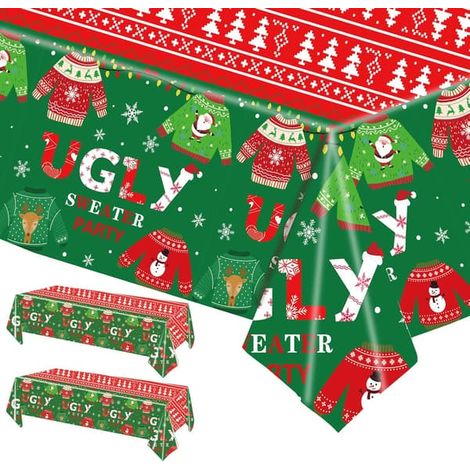 Nappe de Noël, 2 pièces, 137 x 274 cm, grande nappe rectangulaire rouge pour Noël, pull moche, dîner, Joyeux Noël (1/5)