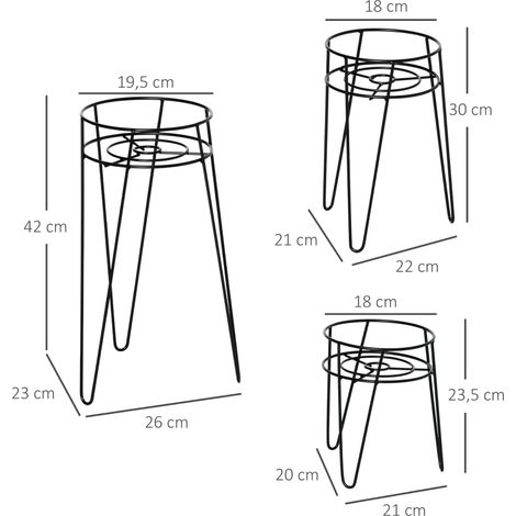 Ensemble de 3 supports à fleurs en métal, supports pour pots de fleurs jusqu'à Ø16 cm, élégants tabourets à fleurs noirs (1/5)