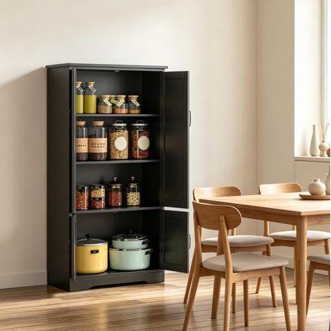 Buffet 60x30x123 cm en MDF et panneaux de bois noir, avec rangement pour cuisine FloraGrace (1/5)