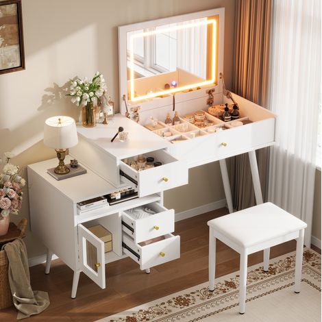 Tocador 2 en 1 con taburete y espejo LED abatible, 3 cajones, en MDF y bambú, color blanco (1/5)