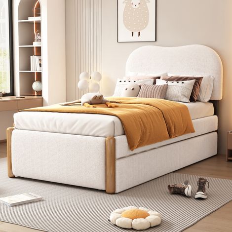 Cama nido 90x200 cm blanca en felpa y MDF con cama auxiliar extraíble reversible (1/5)
