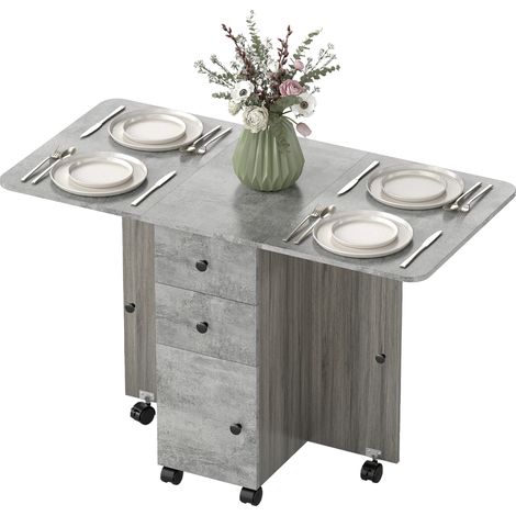 Table de salle à manger pliante à roulettes, rallonge rabattable, 2 tiroirs et un placard, jusqu'à 6 couverts, 120 x 60 x 76,5 cm, grise (1/5)