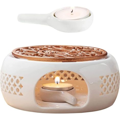 Chauffe-théière en Céramique, Réchaud pour Théière avec Cuillère et Tapis de Poêle, Chauffe-thé en Porcelaine, Théière Réchauffeur pour Conservation de la Chaleur Café Thé ou Lait (Blanc) (1/5)