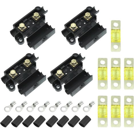 Kit 120A Fusible 7 Fusibles Pour Voiture Double Batterie Noir, Jaune, Plastique, Métal, 7 Fusibles, Auto, Camion, Fourgonnette, Marine, Pour Audio, 32V DC, 8 Cosses, 8 Gaines (1/5)