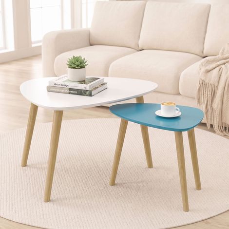 Lot 2 tables gigognes scandinaves pieds bois plateau bois blanc bleu. Tables gigognes design, élégantes et modernes. (1/5)