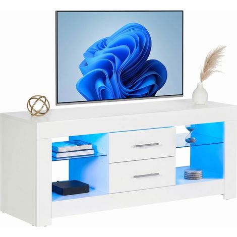 Mobile Porta TV da 55" con Luci LED a 12 Colori e Telecomando, Legno e Vetro 120x40x50cm, Bianco (1/5)