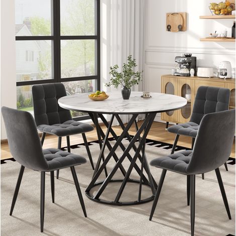 Esstisch-Set (5-teilig), modernes Esstisch-Set (mit 4 Stühlen), Küchen-Esstisch-Set, runder Küchentisch mit 80 cm Durchmesser und schwarzen Metallbeinen, weiße MDF-Tischplatte, Samtstühle (1/5)