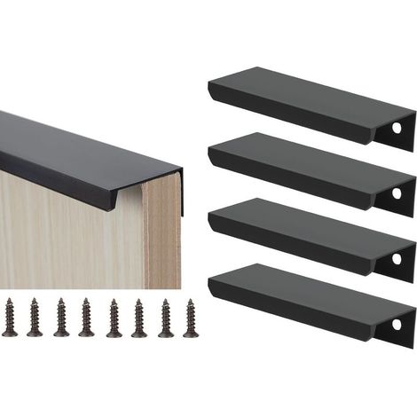 4Pcs Poignée d'armoire Invisible Poignée de Tiroir Dissimulée en Alliage d'aluminium Poignée Profilée Noir Moderne Poignée de Meuble avec 8 Vis pour Armoires de Cuisine, Placard, Tiroir(Entraxe 64mm-L (1/5)