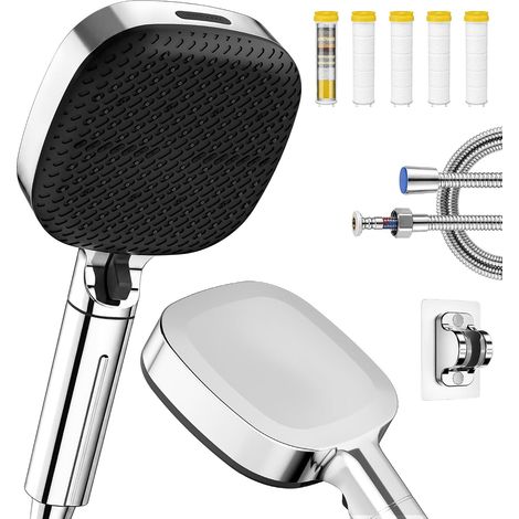 Pommeau douche haute pression air-turbo tuyau 1,5m support anti-calcaire 5 filtres (1/5)