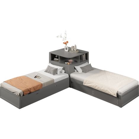 Letto CHICFURN 90x200 cm grigio in MDF/pino con letto estraibile, contenitore e luce notturna (1/5)