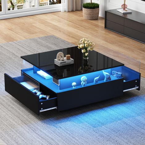 Table basse fixe rectangulaire 70x70x41cm, 2 tiroirs, charge 30kg, LED, aggloméré, noir (1/5)
