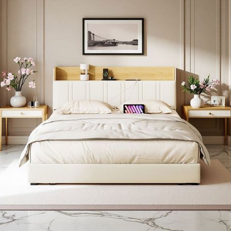 Cama Doble Suspendida 140x200cm - Cuero Blanco y Madera Clara - LED RGB - Almacenamiento Integrado - Tomas USB