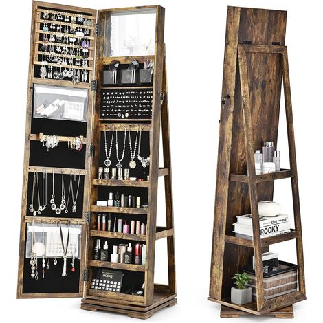 Goplus – Armoire à bijoux avec miroir plein longueur – Base pivotante 360° – 120 emplacements pour boucles d'oreilles – MDF robuste et verrouillable