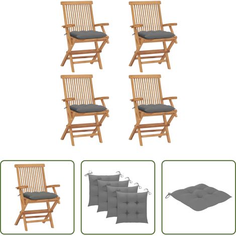 Teakholz - Gartenstühle mit Grauen Kissen 4 Stk. Massivholz Teak (1/5)