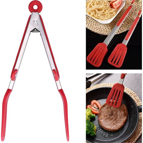 Spatel aus Edelstahl und Silikon mit Zange, Kochwerkzeug zum Grillen und Barbecue zu Hause, 23 cm roter Ständer. (1/5)