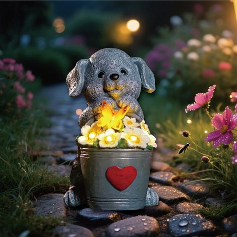 JSSEVN 17 cm große, solarbetriebene Hundefigur für den Garten, Hundefiguren mit Schmetterlingen für den Außenbereich, Geschenkidee für Frauen (1/5)