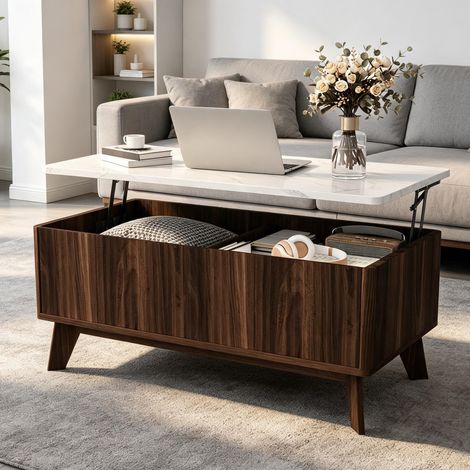 Table basse relevable – plateau marbre – rangement XXL – design scandinave – bois (1/5)