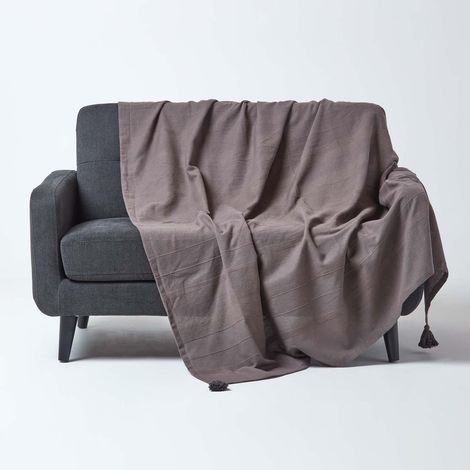 HOMESCAPES Cotton Rajput Ribbed Sea Grey Throw, 255 x 360 cm