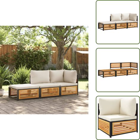 The Living Store Salon de jardin avec coussins 3 pcs bois massif d'acacia - Ensemble Salon De Jardin - Meuble De Jardin - Salon De Jardin Acacia - Mobilier De Jardin - Chaise Longue