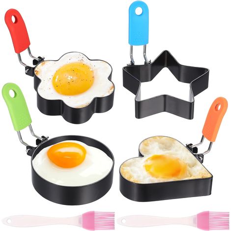 4 Moule à Œuf, Acier Inoxydable, Forme Cœur Fleur Étoile Ronde, Antiadhésif, Poignée Silicone, Petit-déjeuner