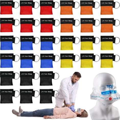 Lot de 30 porte-clés masque respiratoire : masque CPR avec clapet anti-retour, barrière de respiration, masque de poche pour les premiers secours ou l'entraînement AED (rouge, bleu, noir, vert, jaune) (1/5)